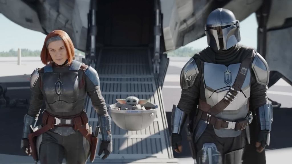Bo-Katan and Djarin walk side by side. 